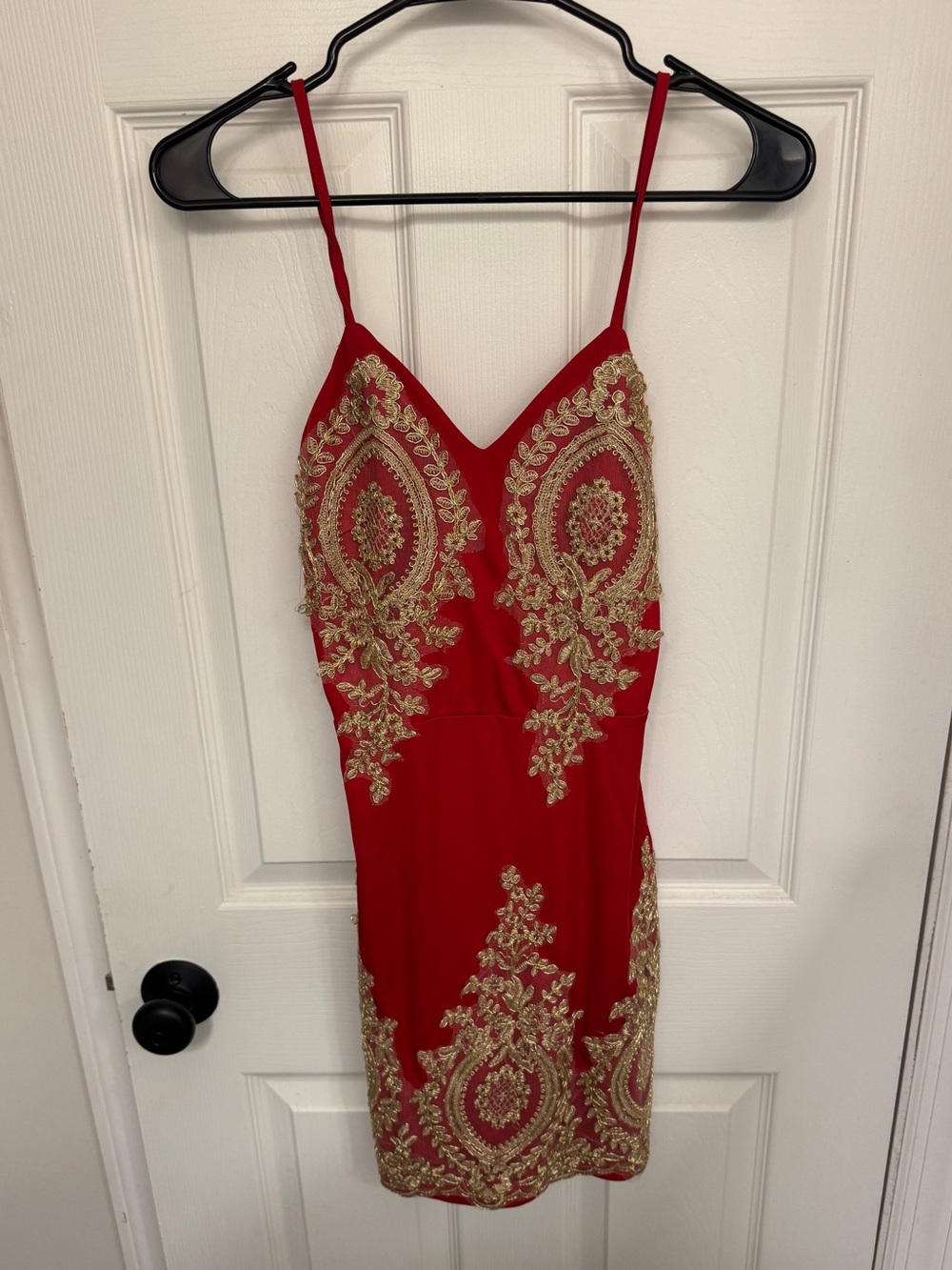 CBR Red & Gold Embroidered Spaghetti Strap Mini Dress